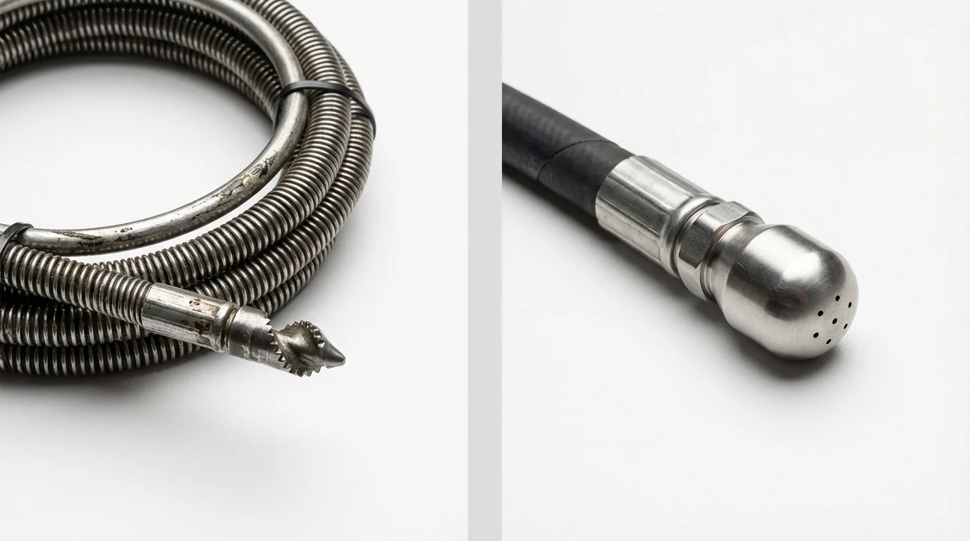 Drain snake cable and hydro jetting nozzle used for drain cleaning in Midland, MI