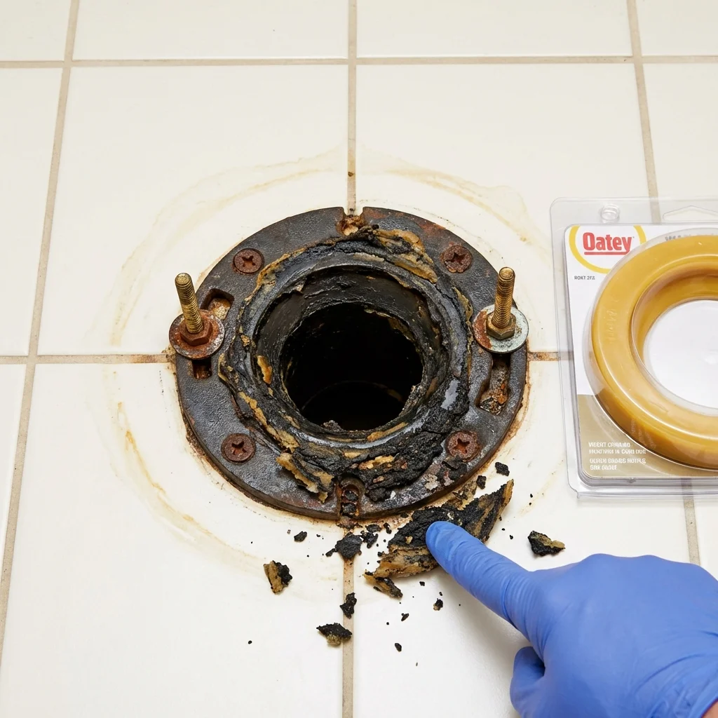 Failed wax ring showing water seepage at the base of a toilet in a Midland, MI home