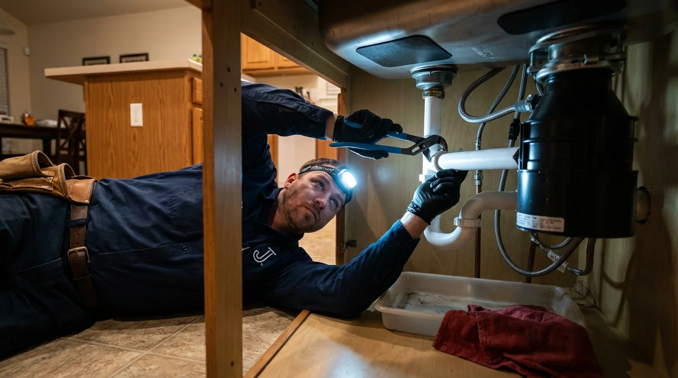 P-trap and supply line connections under a kitchen sink showing a common leak point in Midland, MI